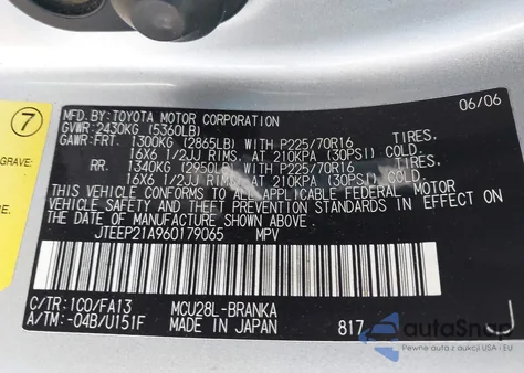 2006 Toyota Highlander V6 z USA, uszkodzony, nr VIN JTEEP21A960179065